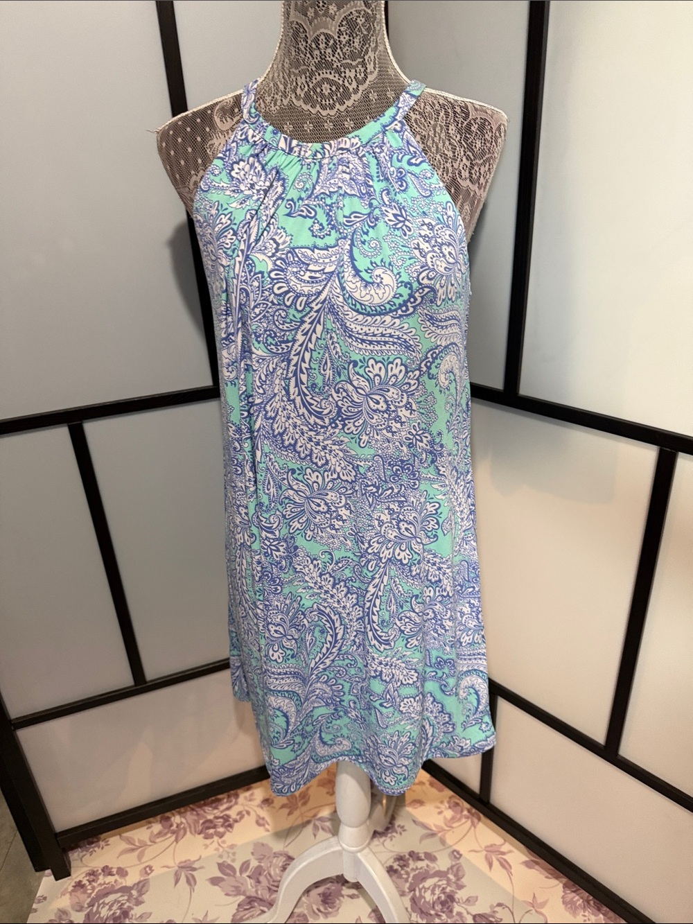Cynthia Rowley Mint & Blue Paisley Halter Mini Dress